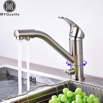 

Brushed Nickel Kitchen Drinking Faucet Dual Handle Pure Water Bathroom Kitchen Sink Hot and Cold Mixer Taps One Hole