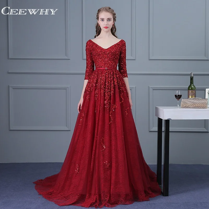 CEEWHY бургундское Платье De Soiree сексуальное кружевное вечернее платье с v образным