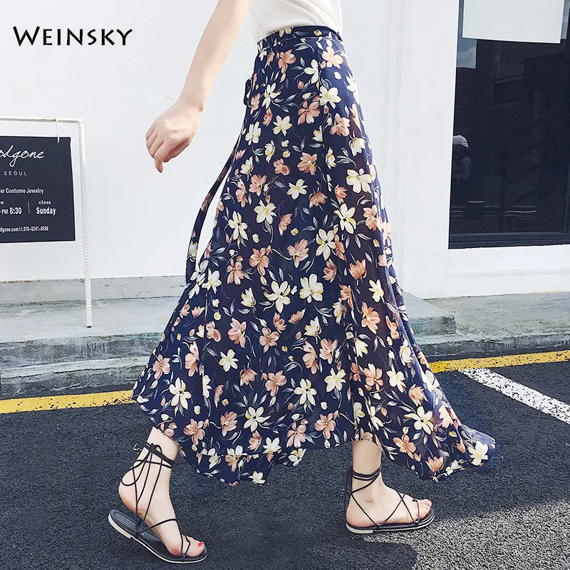 

A-Line Skirt High Waist 2019 Autumn And Summer Women Elegant Print Chiffon Skirt Ladies Office Wear Long Skirts