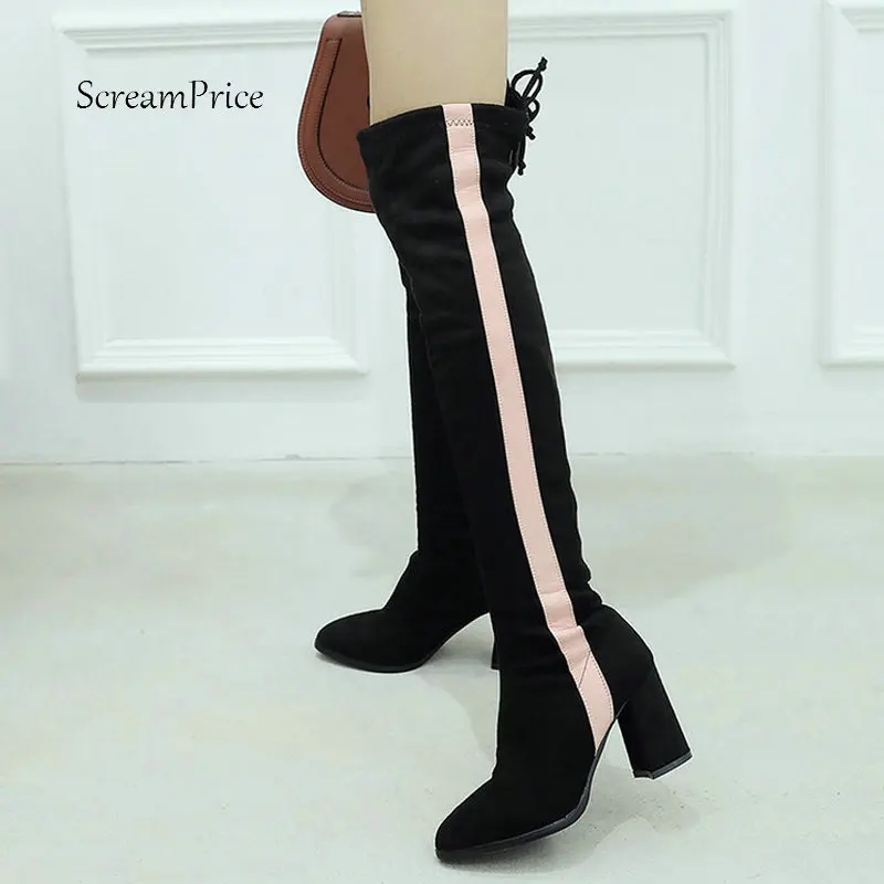 

Women Thick High Heel Over the Knee Boots Fashion Mixed Color Thigh Boots Ladies Pointed Toe Fall Winter Shoes