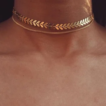 

2019 Fish Bone Chain Metal Two Layer Choker Necklaces Gold Silver Color Simple Necklaces For Women Jewelry gifts FSPXL295