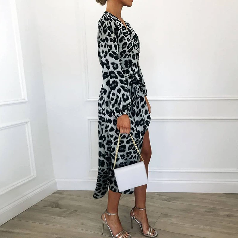 Leopard Print Dress Woman Autumn Long Sleeve Sexy V-Neck Dresses Casual Elegant Dresses Vestidos Office Lady High Split Dress