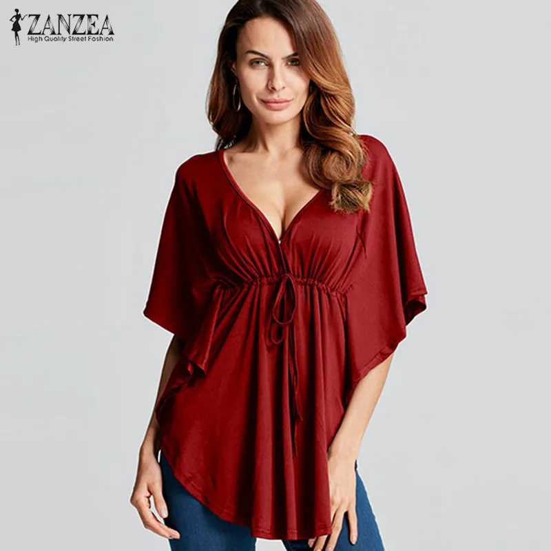 

Oversized 2019 Summer Sexy Blouses Shirts V Neck Batwing Sleeve Tee Tops Ladies Casual Loose Solid Blusas Shirt US Plus Size