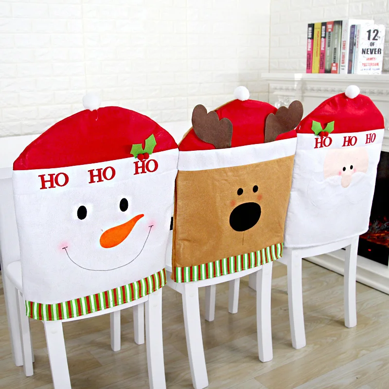 Lovely Christmas Chair Covers Santa Claus Snowman Reindeer Kitchen Table Backrest Hat Dinner Seat Back Cover