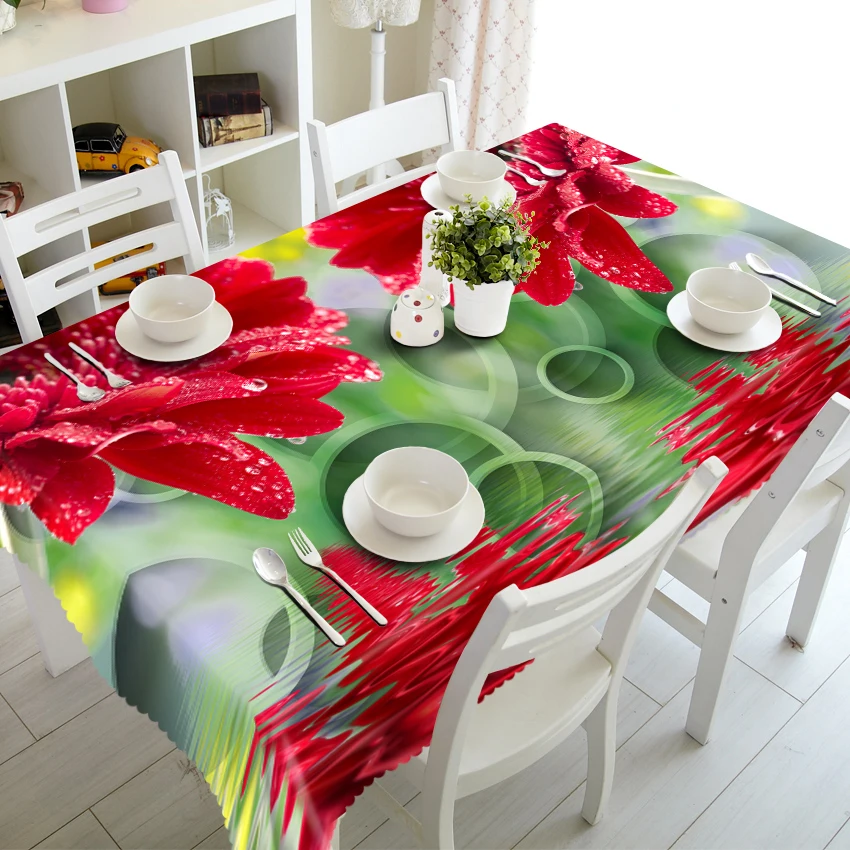 Custom 3D Tablecloth HD Red Stereoscopic Flowers Pattern Waterproof