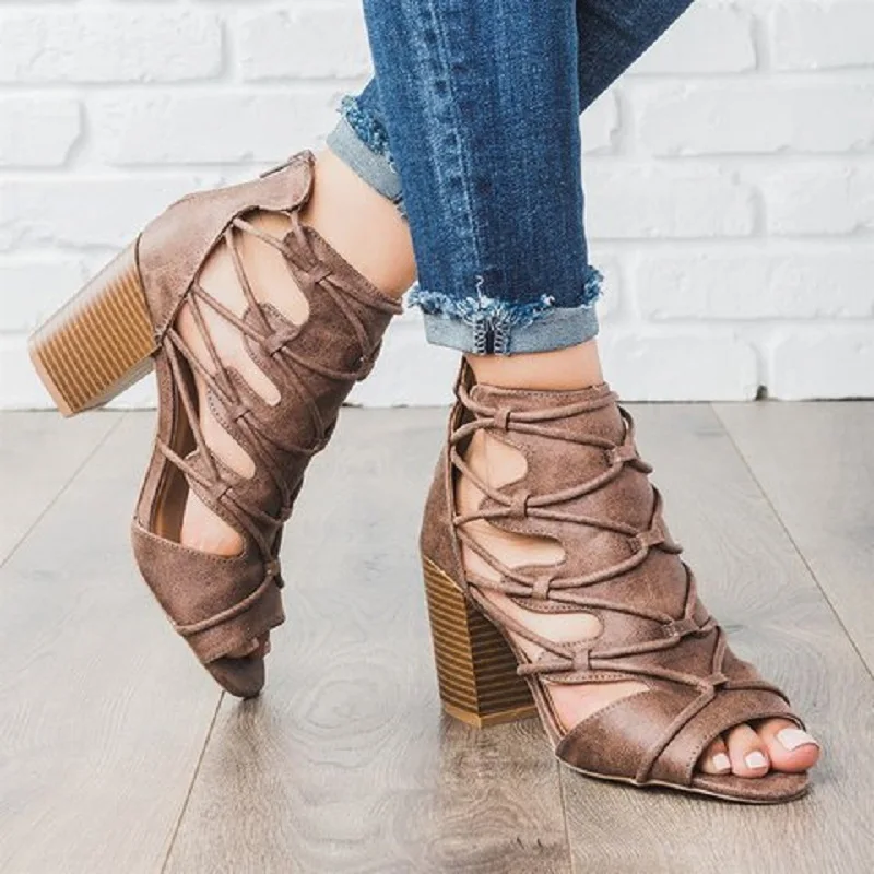 

New high heels women gladiator sandals summer sexy open toe cross strappy sandals ladies block heeled roman shoes big size