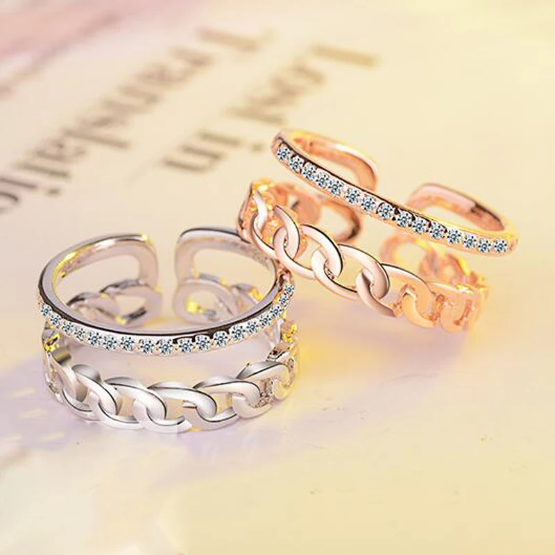 

Fashion Rose Gold 925 Silver Rings For Women Engagement Jewelry Exquisite Zircon Weave Double Layer Ring Lady Anniversary Gifts