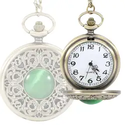 Винтажные карманные часы ожерелье круглый зеленый кристалл ожерелье кулон кварцевые цепи часы Подарки для матери LL @ 17
