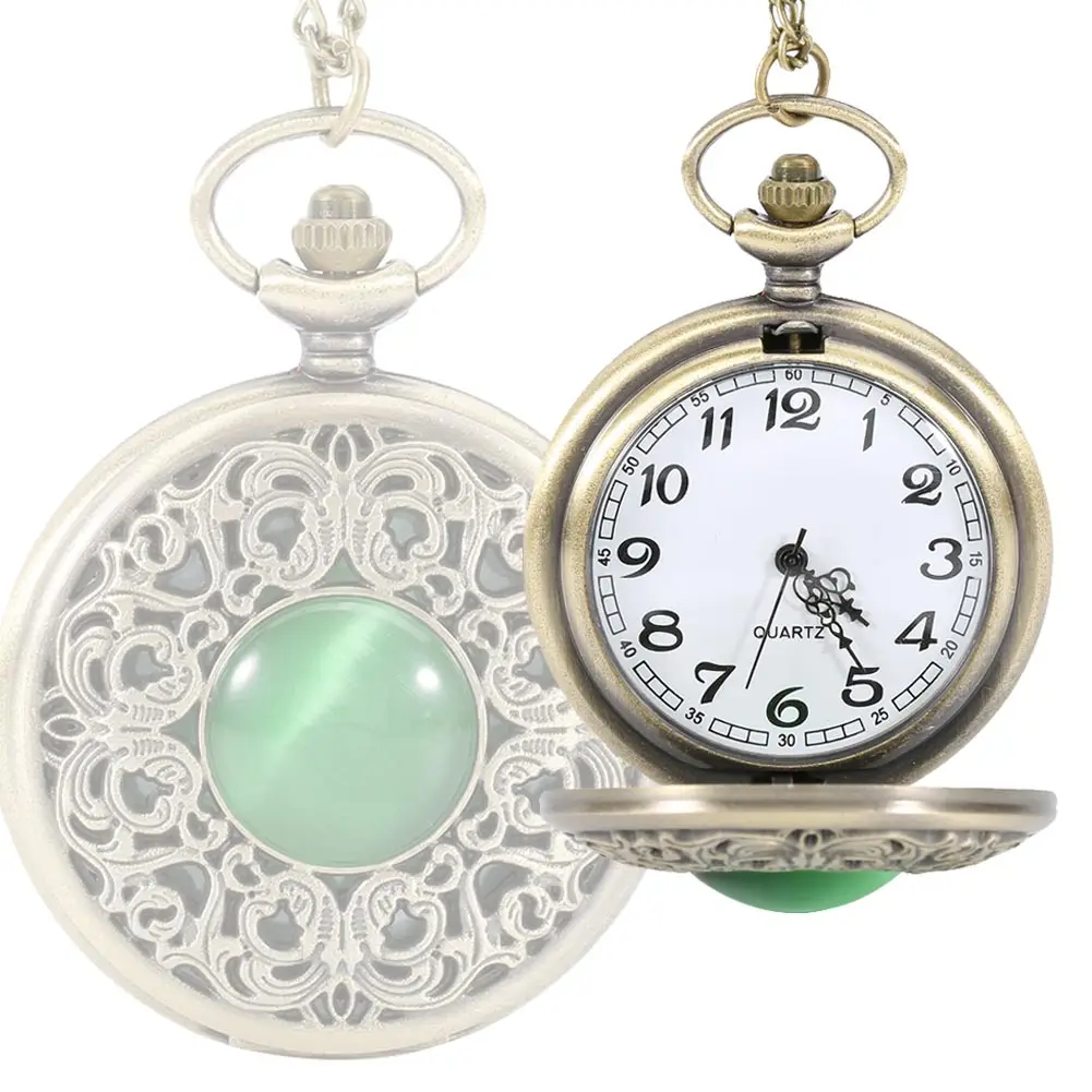 Vintage Pocket Watch Necklace Round Green Crystal Necklace Pendant Quartz Chain Watches Gifts