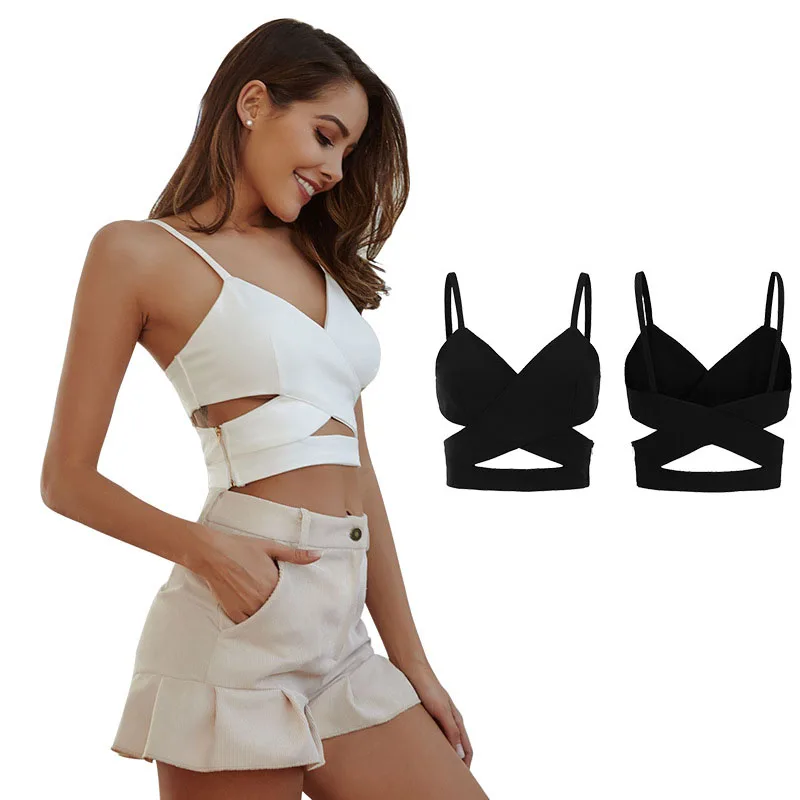 

Summer Europe and America Women New Tie Back Tank Tops，Sexy V-neck Soild color Hollow out Back Short Wipe Corset Vest