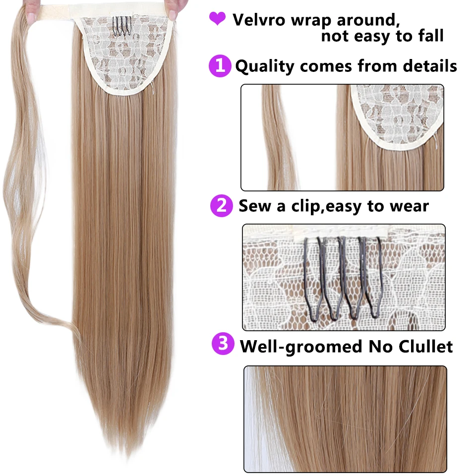 24'' Long Straight Ponytail Clip In Hair Synthetic Hair Extension Wrap on Pony Tail Fake Hair Pieces AOSIWIG