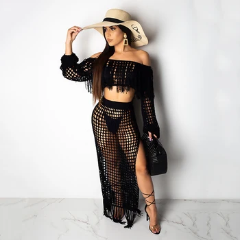 

Women Sexy Off Shoulder Long Sleeve Slash Neck Top 2 Piece Set Fishnet Hollow Out Tassel Beach Skirts Bohemian Backless Outfits