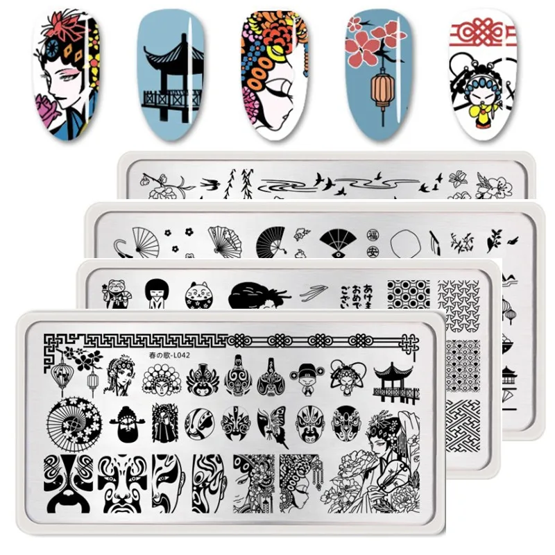 

12*6cm Rectangle Nail Stamping Plates Chinese Peking Opera Flower Animal Pattern Nail Art Stamp Template Image Plate Stencil