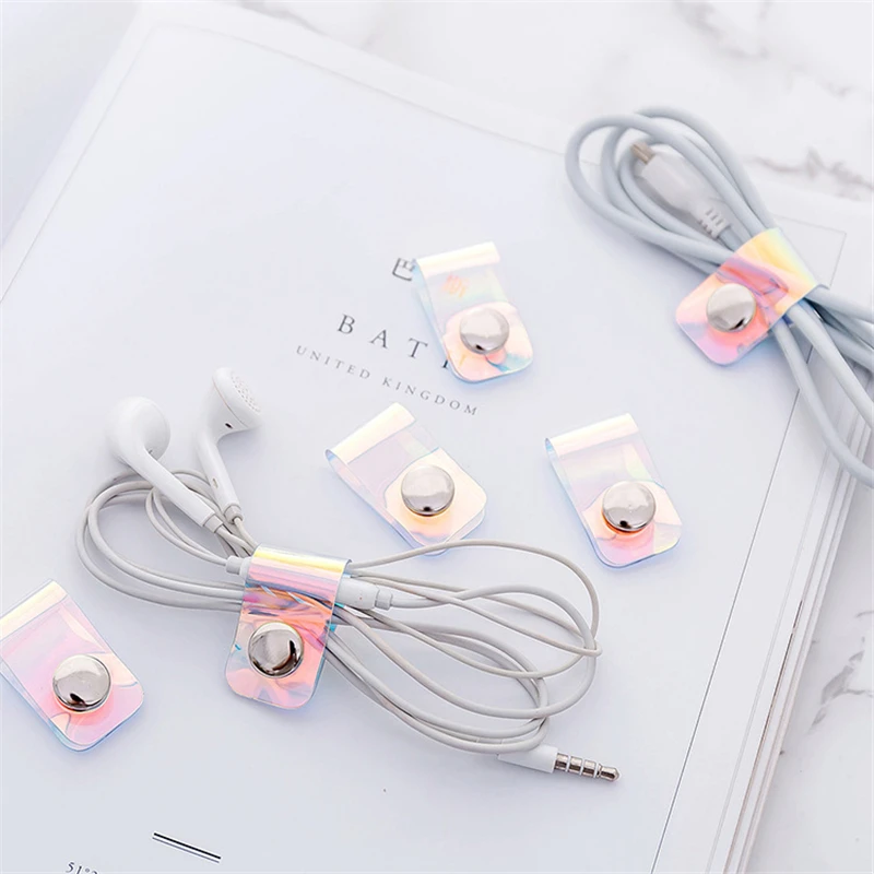 

PURDORED 5pcs/set Laser Color Line Clip Winder PVC Button Earphone Cable Storage Buckle Stationery Organizer Clip