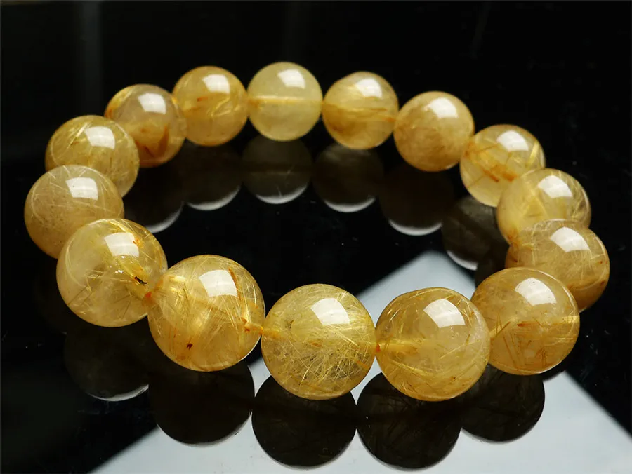 15mm Genuine Natural Gold Rutilated Quartz Bracelets For Women Men Stretch Crystal Round Bead Bracelet | Украшения и аксессуары