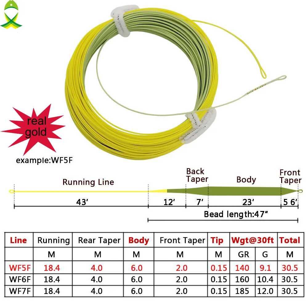 JSMlength100FeetREALGOLDFlyFishingLineWeightForwardFloating