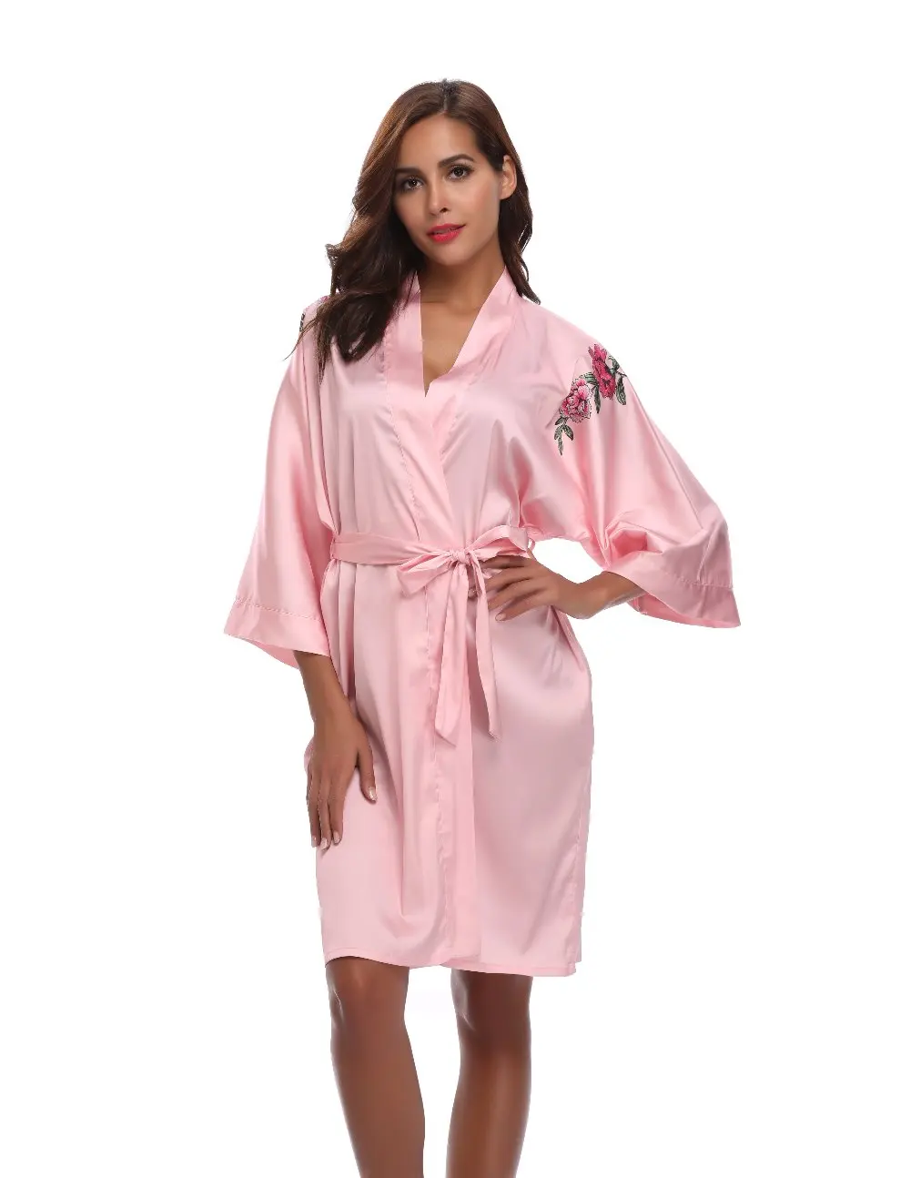 

2017 Fashion Print Floral Women Kimono Silk Satin Robe Homewear Bathrobes with Waistband Mid-sleeve Spring Summer