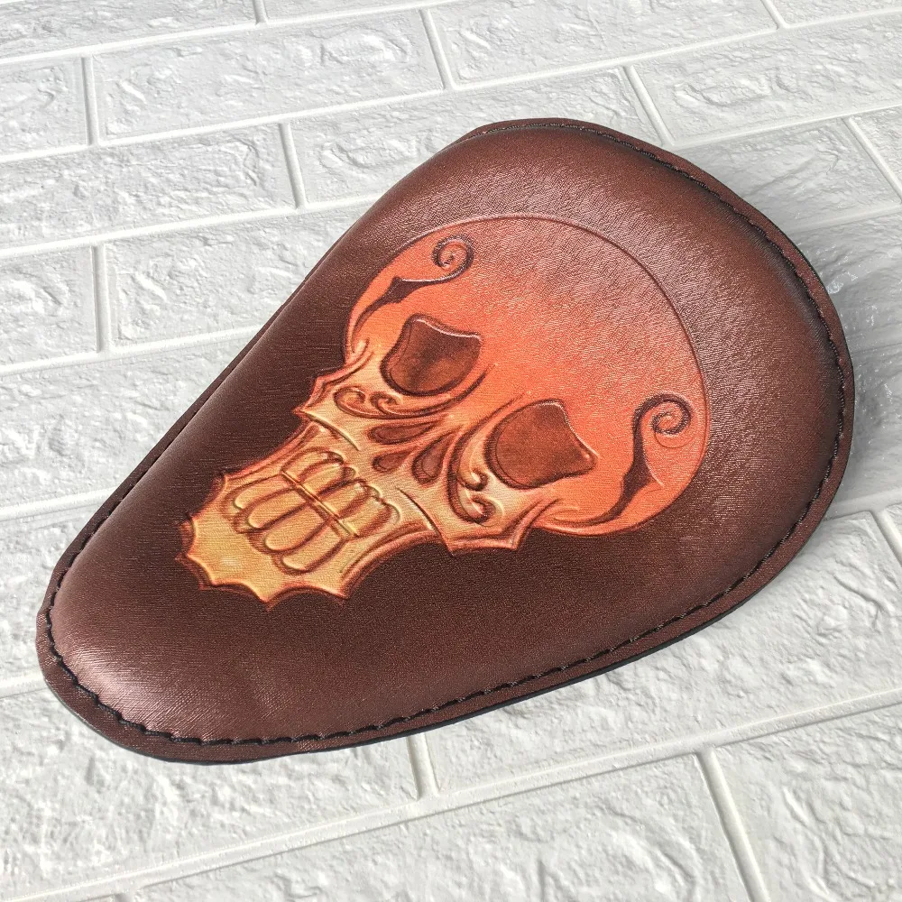 

Motorcycle Retro Brown Torsion Leather Skull Logo Solo Seat+3" Spring Bracket Mounting Base Kit For Harley Bobber Saddle Seat