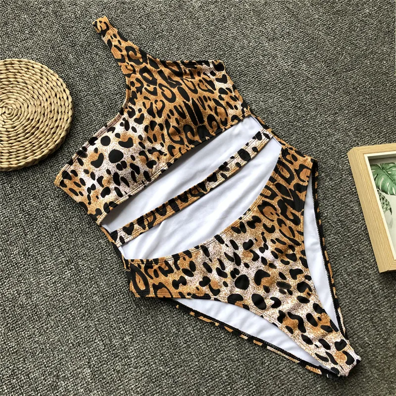 Сексуальный женский купальник на одно плечо, открытые купальные костюмы, Леопардовый принт, купальный Летний Цельный купальник, монокини бразильский