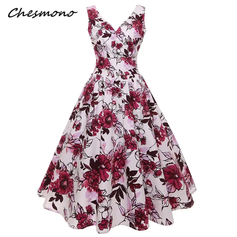 

Women Autumn Floral Printing Dress Audrey Hepburn Retro Swing Casual Vintage A Line Dress V Neck Sleeveless 1950s Style Vestidos