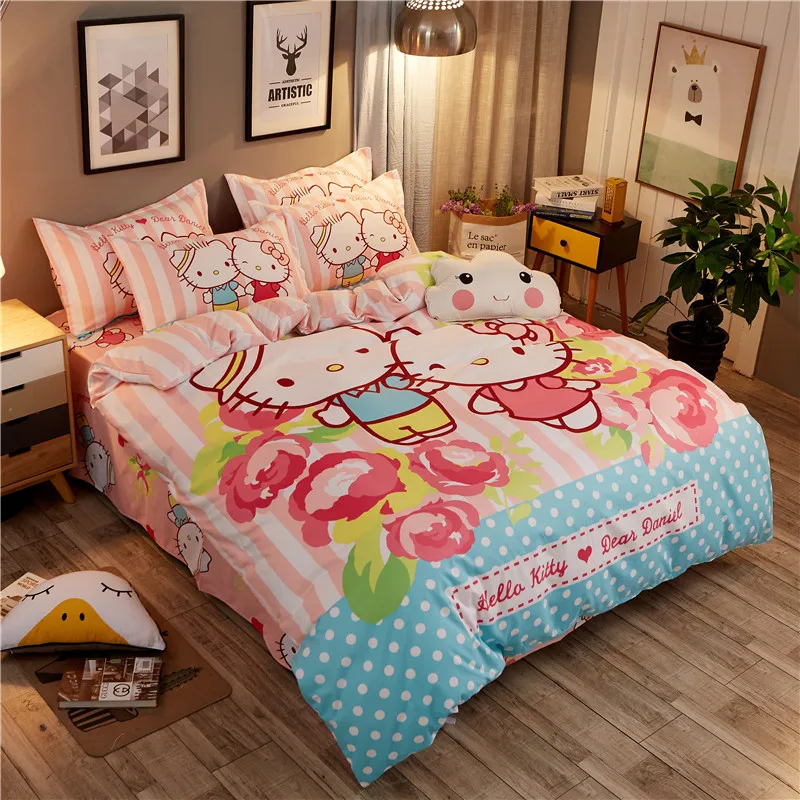 

Home textiles children printing Flower Hello kitty queen bedding sets duvet cover bed sheet pillowcase 4 pcs set
