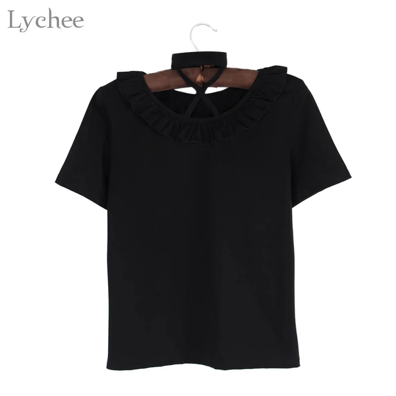 

Lychee Harajuku Lolita Style Summer Women T-shirt Cross Halter Ruffle Short Sleeve T Shirt Tee Top