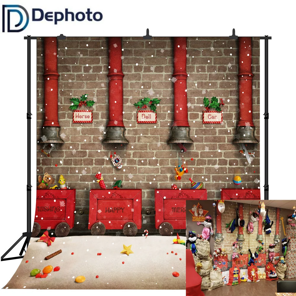 

Dephoto Toy factory snow Red train Christmas Decor Photography Backgrounds Customized Photographic Backdrops For Photo Studio
