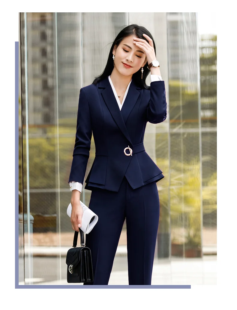 Elegant Uniforms Women Suit Office Lady Formal Blazer Set 2 Piece Pants Suits Fashion Jackets Trouser Autumn Winter XL 4XL - Цвет: blue pants blazer