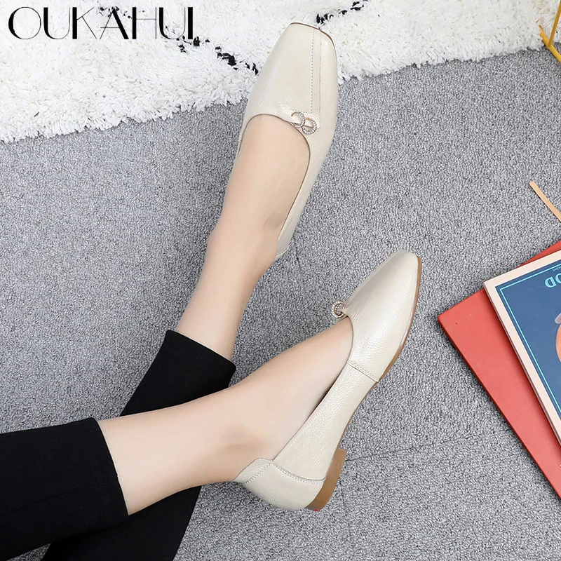 

OUKAHUI 2019 Spring Autumn Genuine Cow Leather Square Toe Flat Shoes Woman For Lady Rhinestone Soft Elegant Female Flats Slip-on