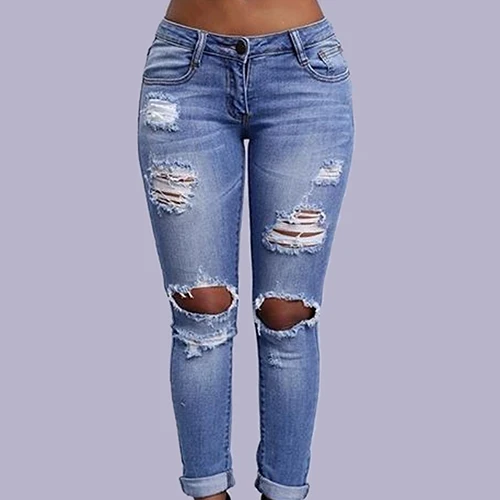 Women Fashion Sexy Low Rise Skinny Jeans Trousers Ripped Hole Denim