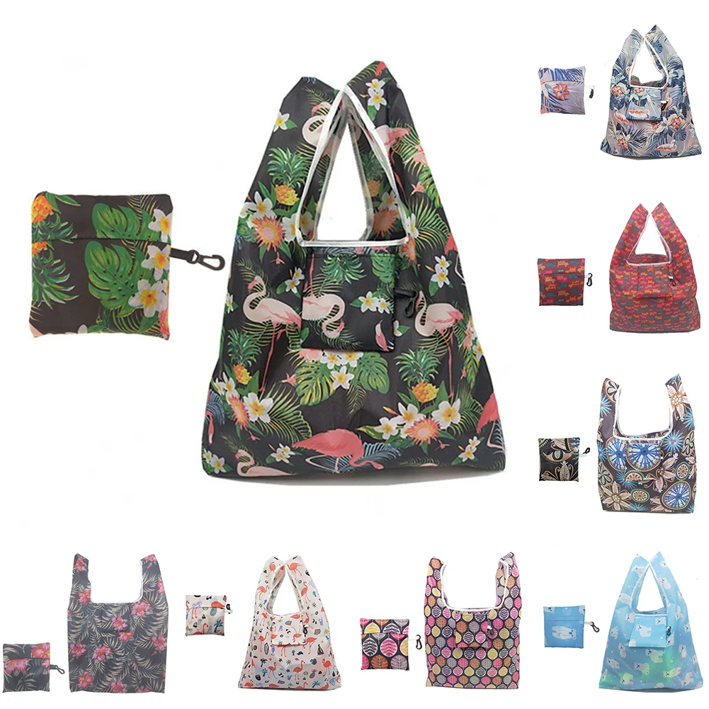 

2019 Polyester Foldable Reusable Shopping Bag Flamingo Floral Printed Recycle Eco Friendly Tote Bag Fruit Vegetable Shopping Bag