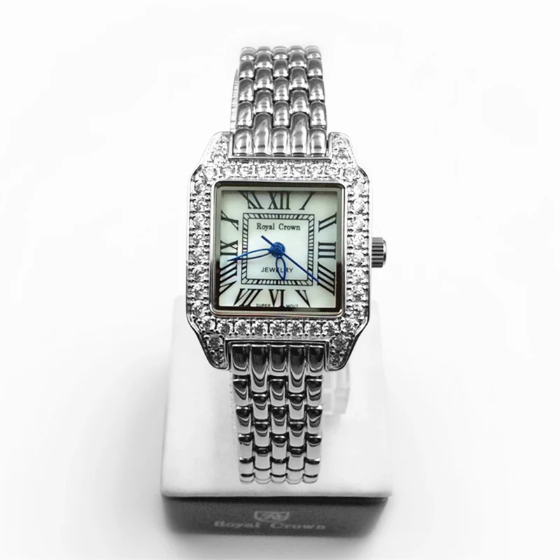 Роскошные ювелирные изделия женские часы изысканные модные квадратные часы перламутровый браслет стразы подарок для девушки Королевская корона коробка - Цвет: White Gold