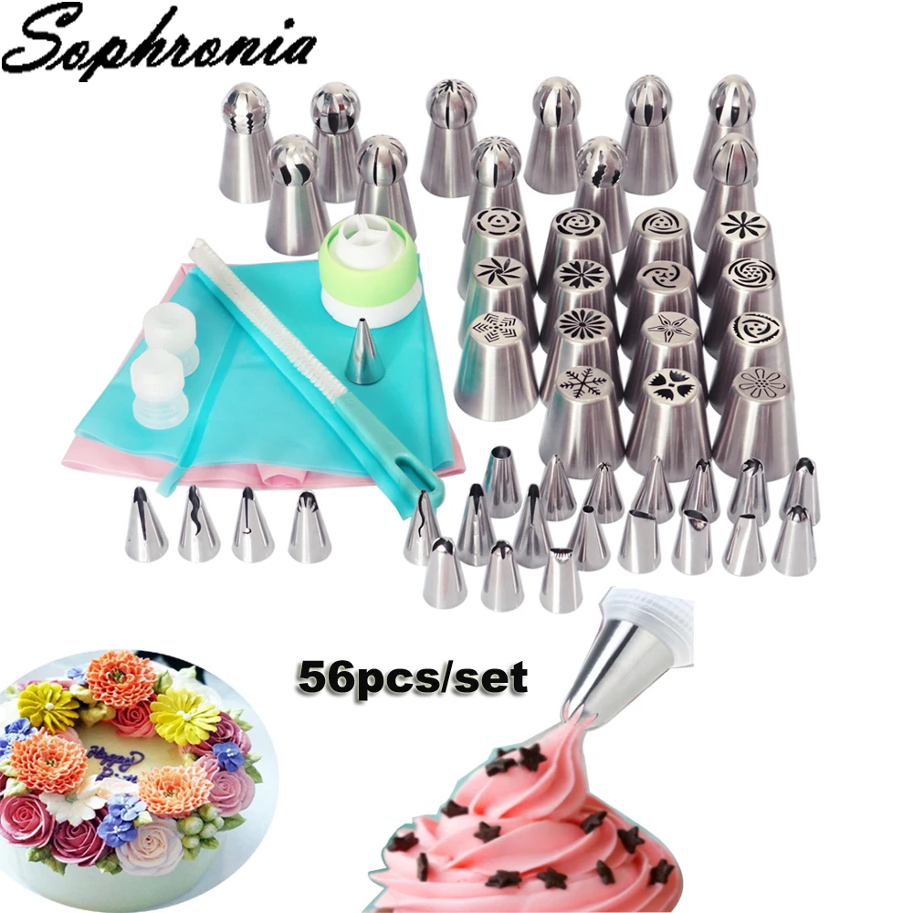 

Sophronia 56pcs/set Nozzles Pastry Tips Set Icing Piping Decoration Stainless Steel Cake Decorating Tool Icing Set CS112