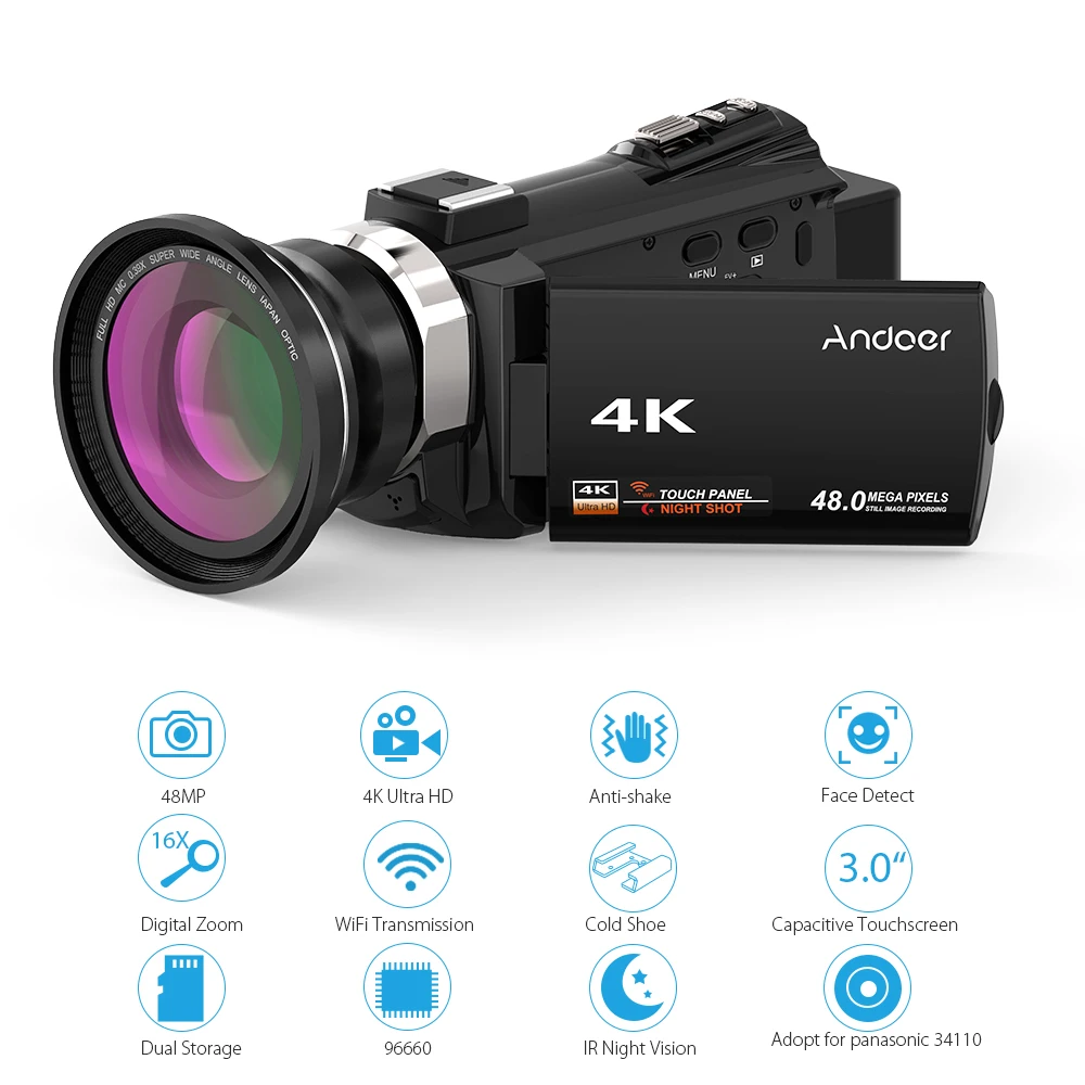 Цифровая видеокамера Andoer 4K 1080P 48 МП Wi Fi записывающая с широкоугольным