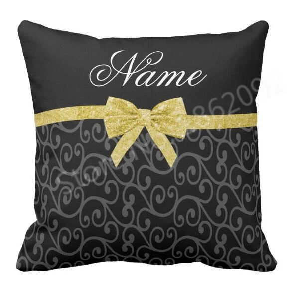 

Fashion Modern Black Gold Bow Cushion Cover Personalised Wirls Glitter Throw Pillow case Custom Name Trendy Birthday Gifts 18"