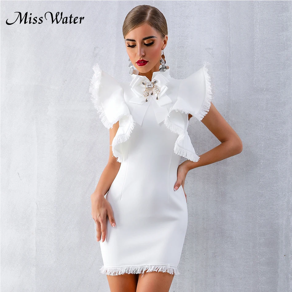 

Miss Water 2019 New Celebrity Party Dress Women White Black Sleeveless Ruffles Turtleneck Sexy Club Mini Dress Women Vestidos
