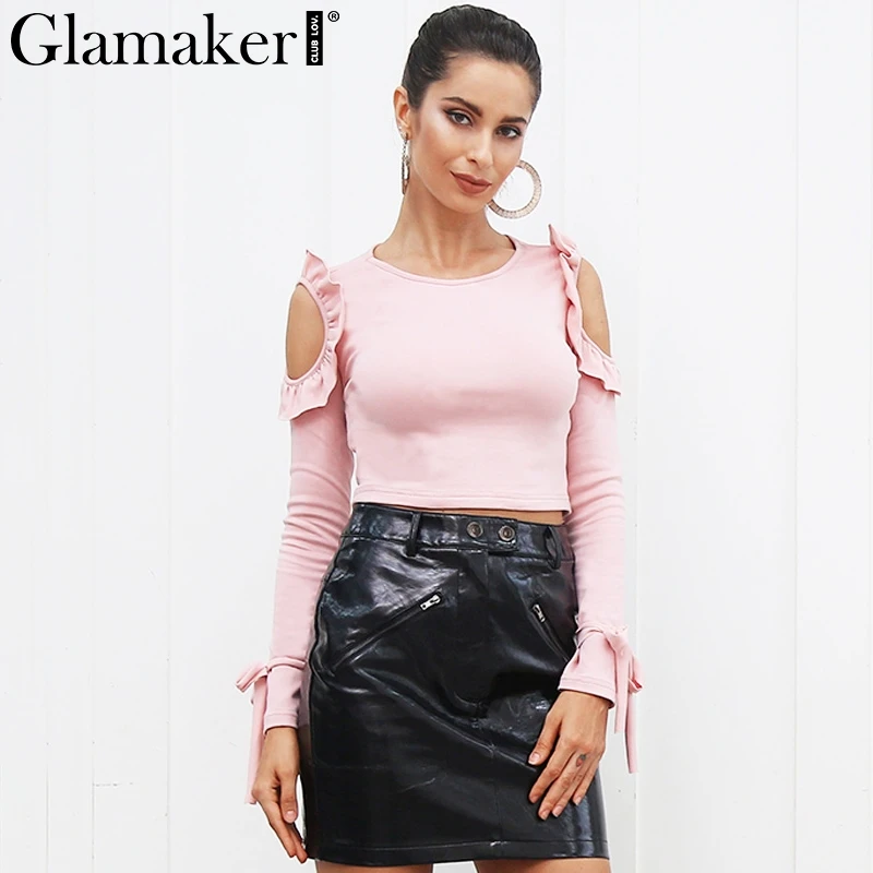 Женский короткий топ Glamaker розовая блузка с рюшами на плечах и бантом весну 2019|pink