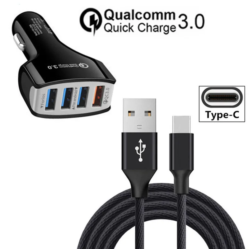 

QC 3.0 4 USB Fast Car Charger Type C USB charger Nylon Cable For Huawei p9 p10 p20 lite mate 9 10 pro honor 9 8 view 10 Phone