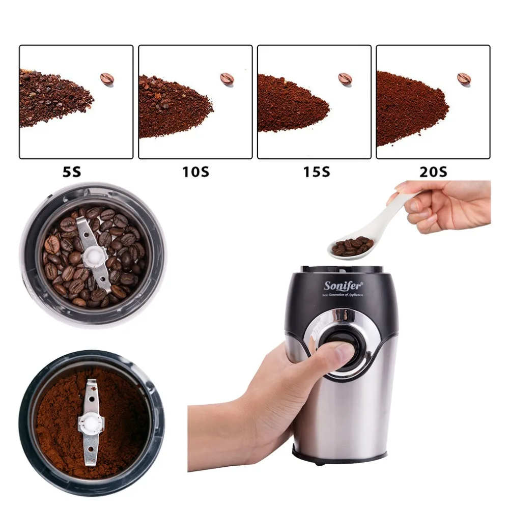 Günstig 200W Mini Elektrische Kaffeemühle Maker Küche Salz Pfeffermühle Gewürze Mutter Samen Kaffee Bohnen Mühle Kräuter Muttern 220V Sonifer