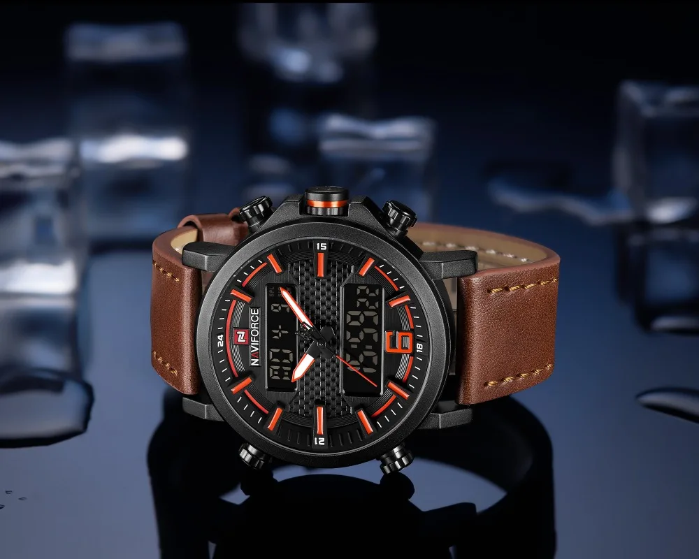 NAVIFORCE спортивные мужские часы Лидирующий бренд Luxuxry кварцевые светодиодный цифровые часы водонепроницаемые военные кожаные часы с двойным РЕМЕШКОМ НАРУЧНЫЕ ЧАСЫ