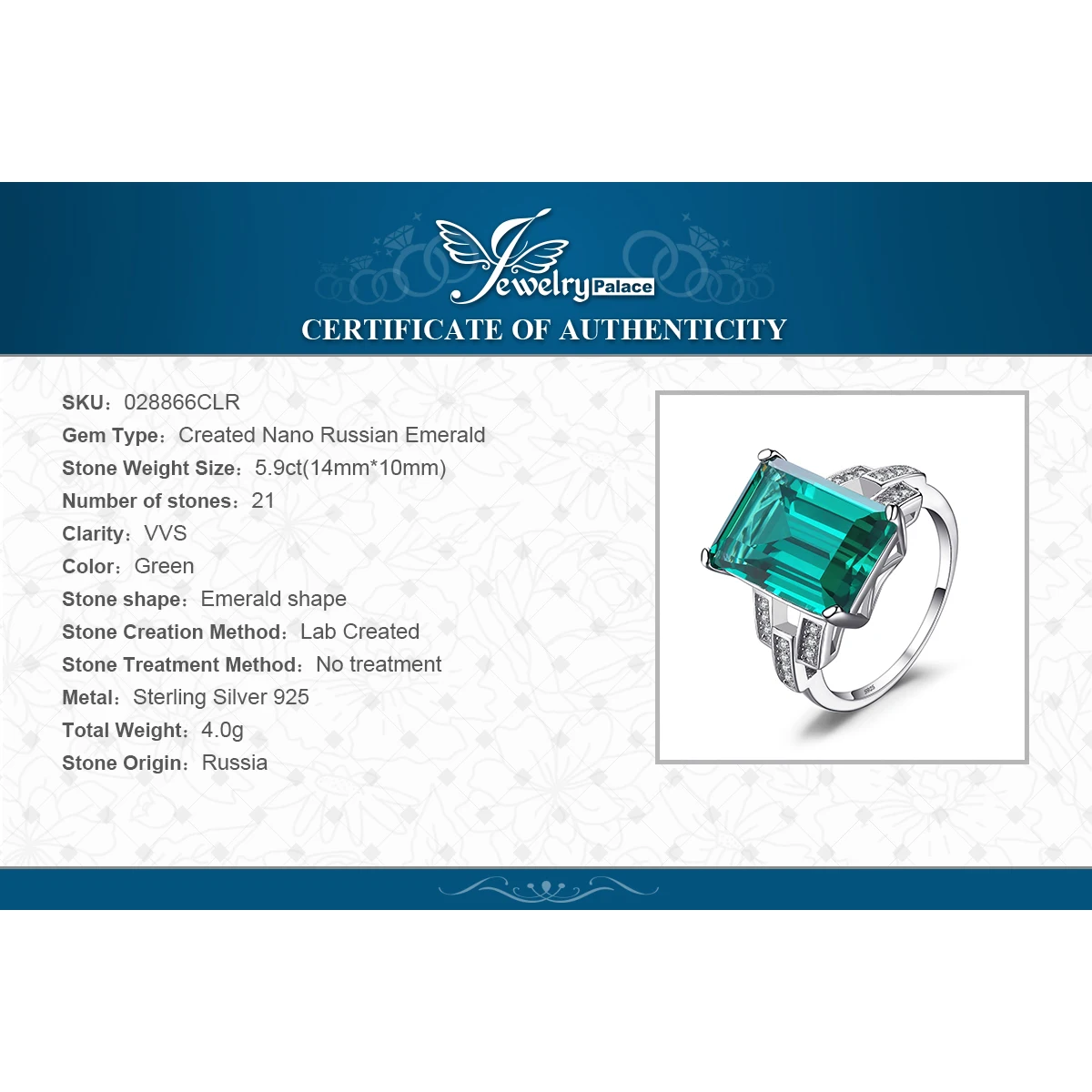 Jewelrypalace Роскошные 5.9ct создания Изумрудный коктейльное кольцо реальные 925 пробы Серебряные кольца для Для женщин Красивые ювелирные изделия Аксессуары