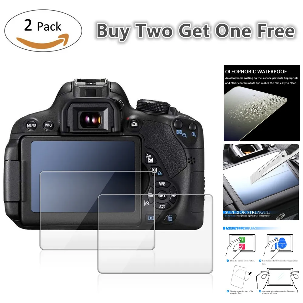 

2 Pack 9H Tempered Glass LCD Screen Protector for Canon EOS 7D Mark II / 1200D 1300D 1500D T5 T6 / 70D 80D / 700D T5i / 600D T3i