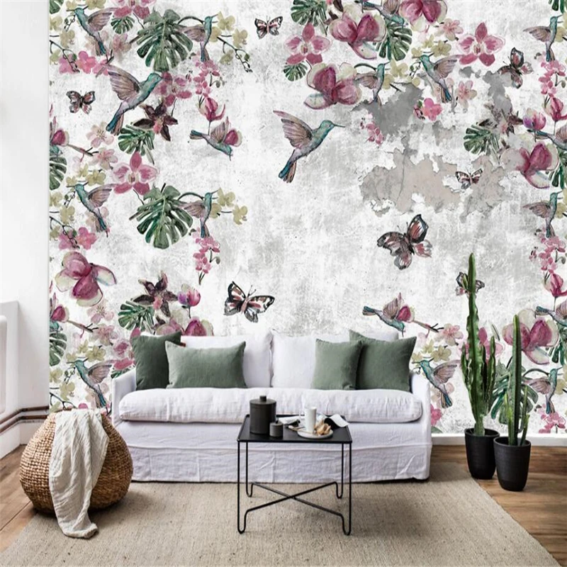 

beibehang Vintage Cement Wall Hand Drawn Flowers and Birds Background Wall European Wall Customizable Large Mural Wallpaper