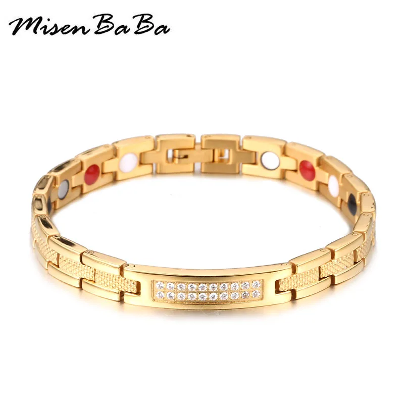 

High Quality Gold Color Stainless Steel Zircon Arthritis Therapy Medical Bracelet For Women Men Germanium Magnetic Bracelets