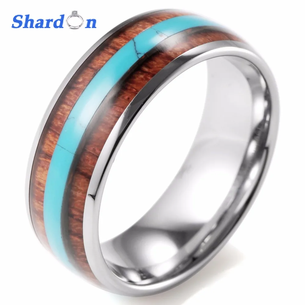 

SHARDON Wedding jewelry Rings Tungsten wedding band with silver color engagement ring with wood and blue opal inlay