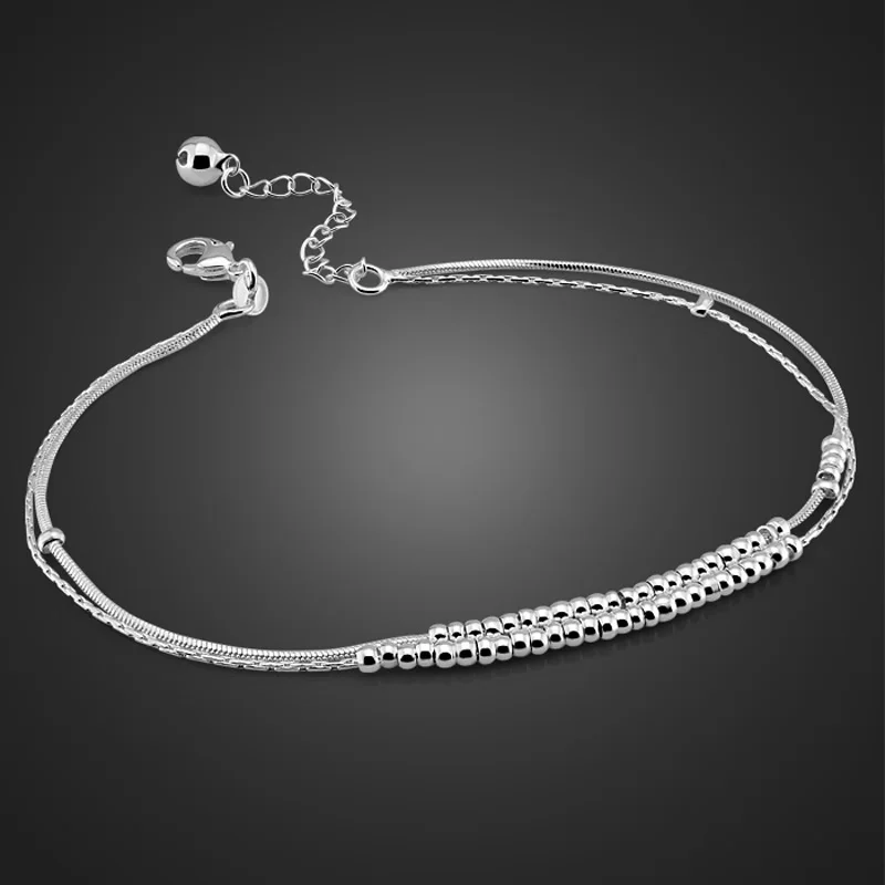 

Fashion simple double chain anklets.Solid 925 sterling silver women bell anklets.26 cm silver round bead chains. lady jewelry