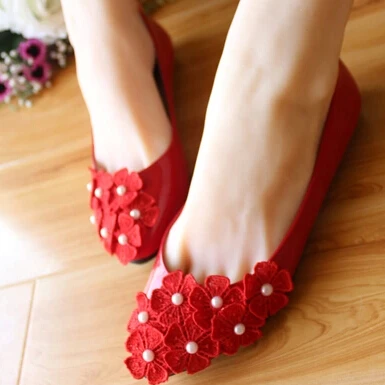 

Flower pearl wedding shoes red flat handmade wedding shoes bride bridesmaid formal dress party wedding shoe