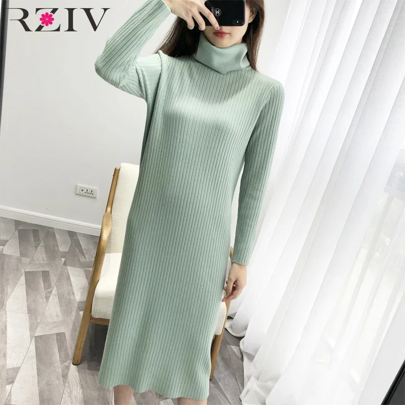 

RZIV autumn and winter women's dress casual solid color high collar long sleeve knit loose dress