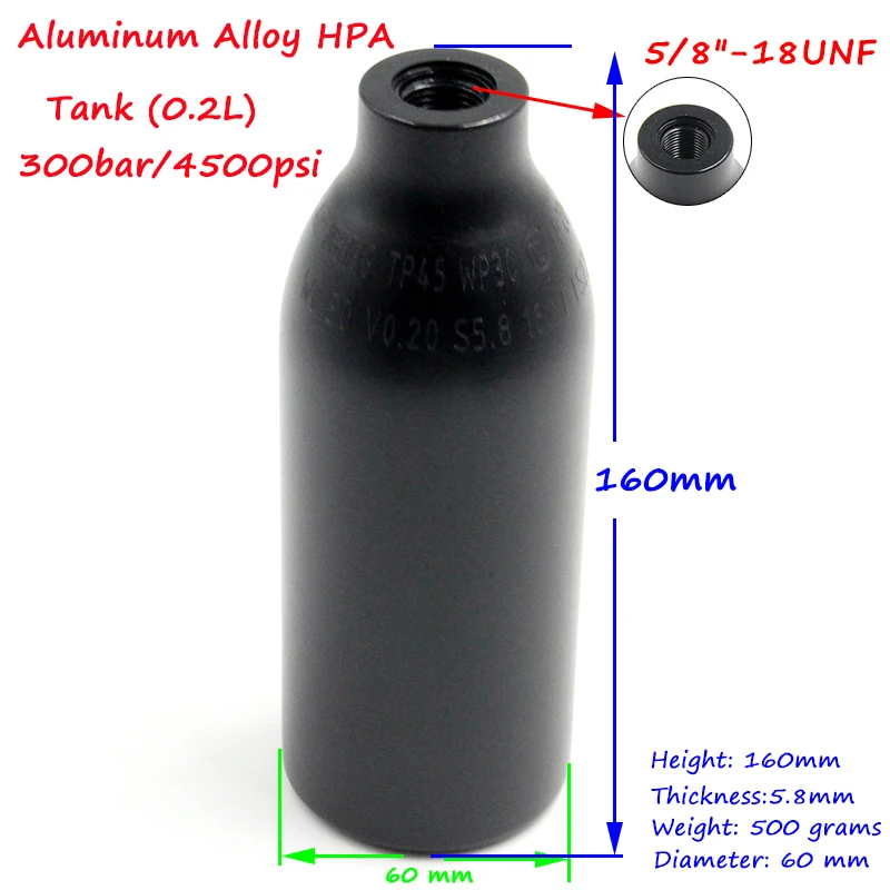 QUPB PCP пейнтбол цилиндр высокого давления 0.2L 4500PSI HPA Алюминиевый Воздушный бак с регулятором 5/8-18UNF 60 мм Диаметр TKU020