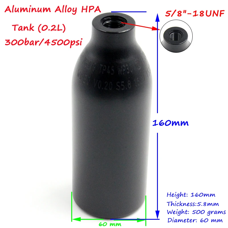 Цилиндр высокого давления QUPB PCP для пейнтбола 0.2L 4500PSI HPA Алюминиевый Воздушный бак